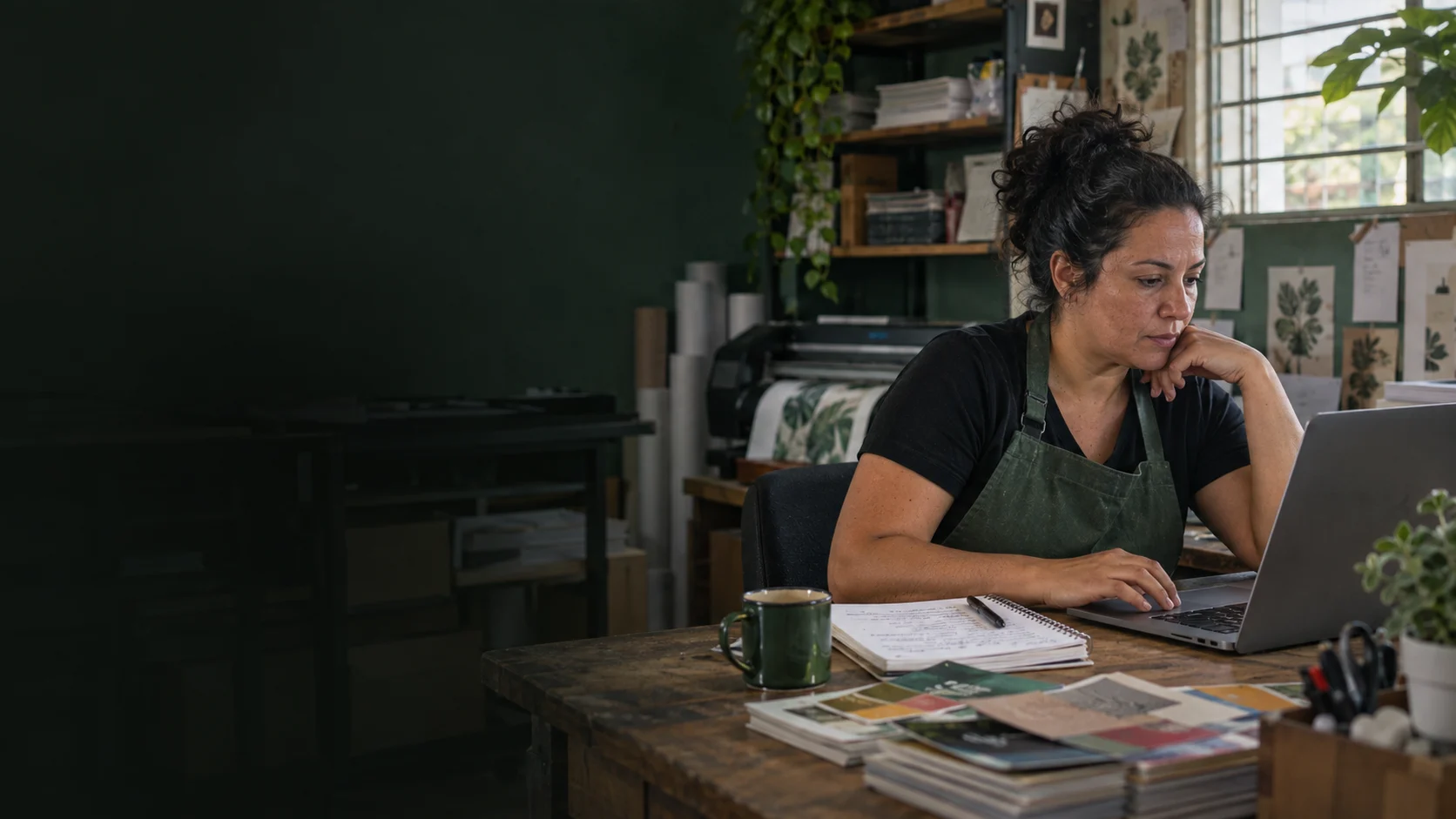 Empreendedora analisando a operação de sua loja no computador